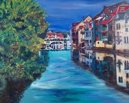Huile, La passerelle à Ornans, 100 x 80 cm
